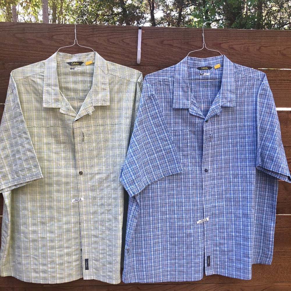 2 Men's CABELA'S Cool Max XXL Short Sleeve Camp Shirts Lt Blue & Green Check